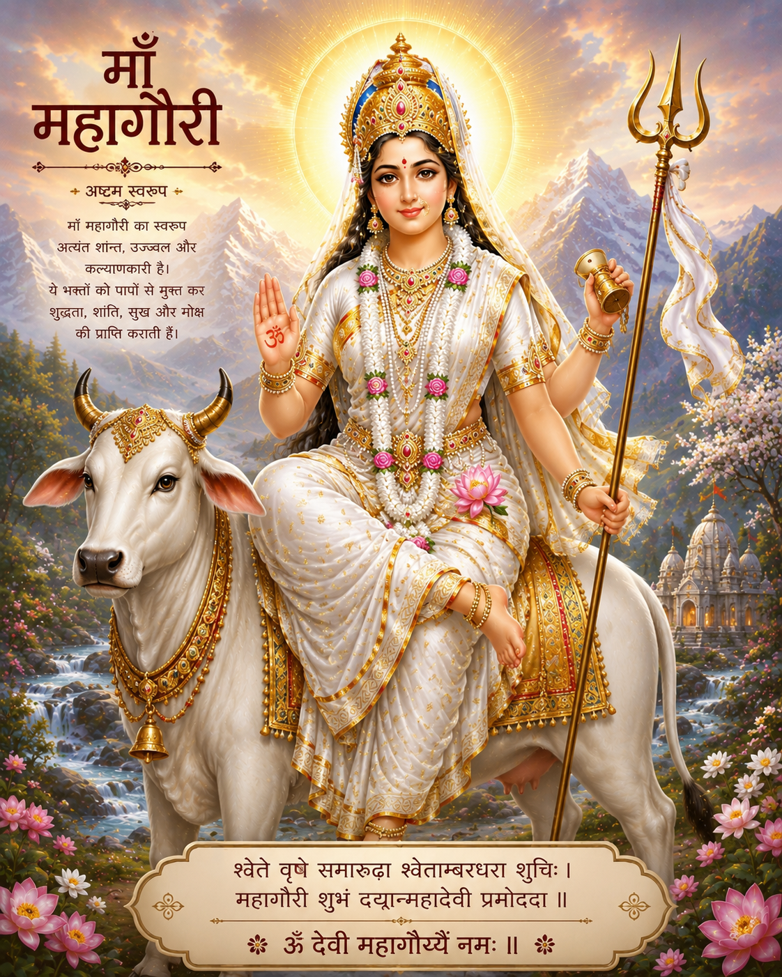 माँ महागौरी, श्वेत वस्त्र और श्वेत वृषभ पर विराजमान
