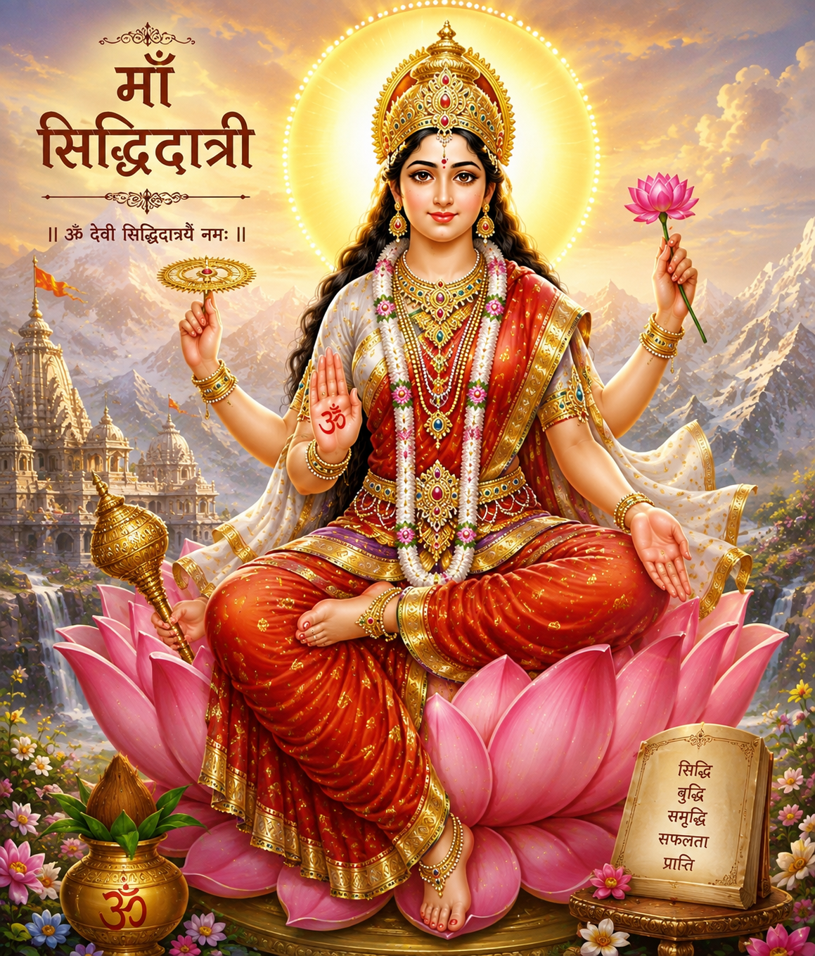माँ सिद्धिदात्री, कमल पर विराजमान, चारों ओर देवी-देवताओं से घिरी हुई