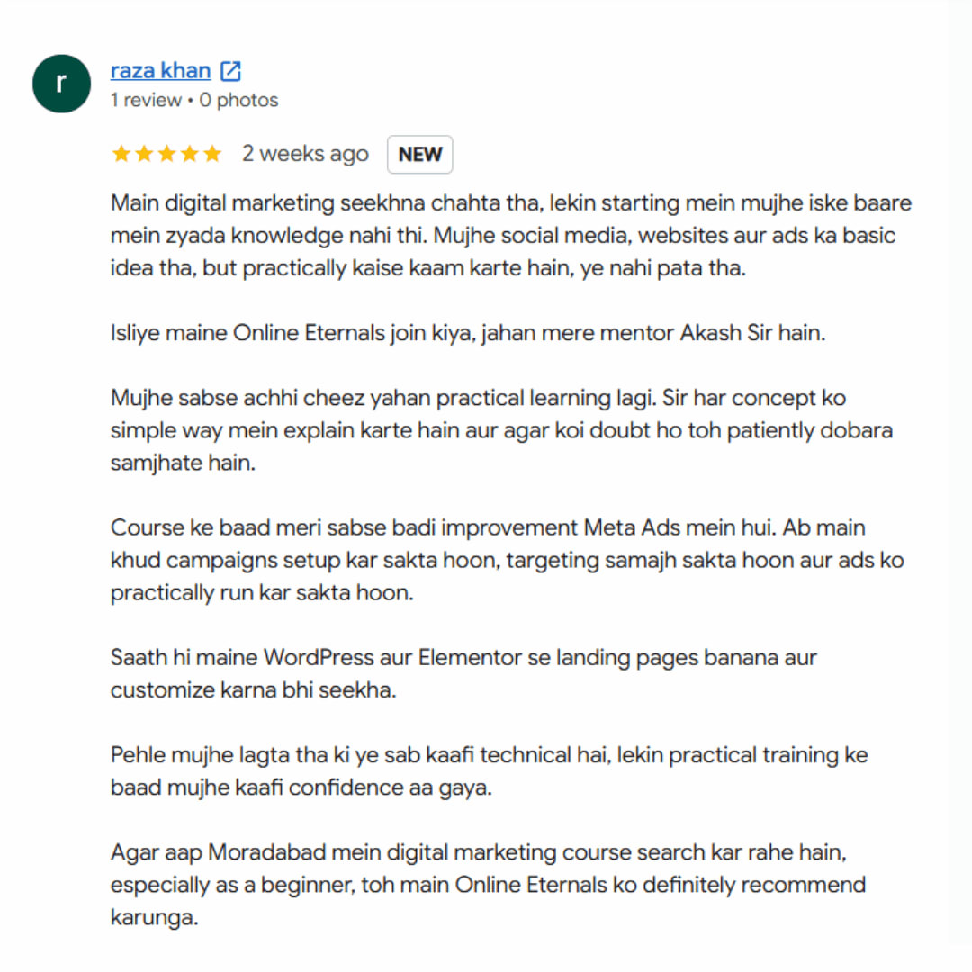 5-star Google review by Raza Khan recommending Online Eternals for practical Meta Ads and digital marketing training in Moradabad