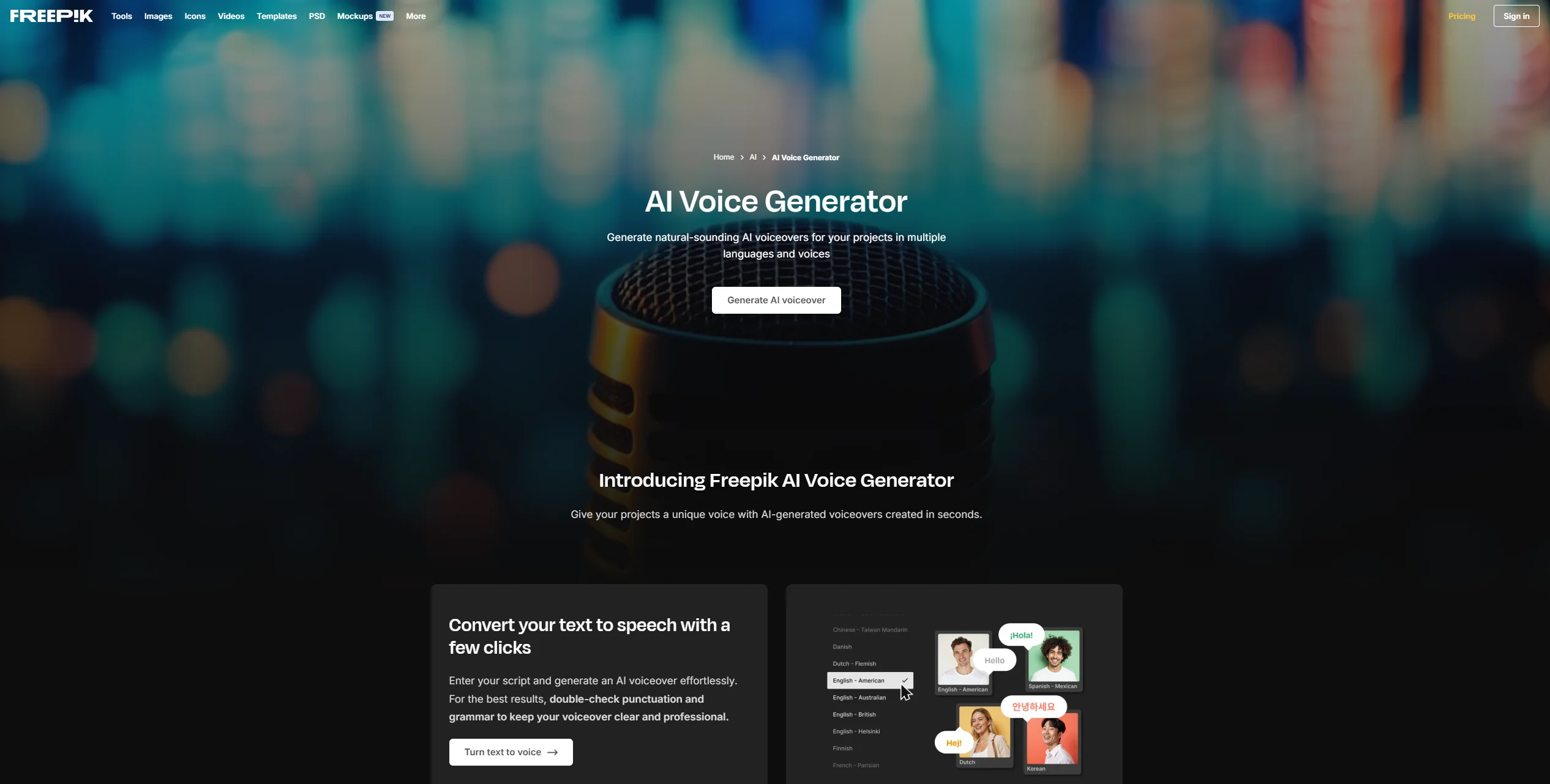 Freepik AI Voice Generator screenshot