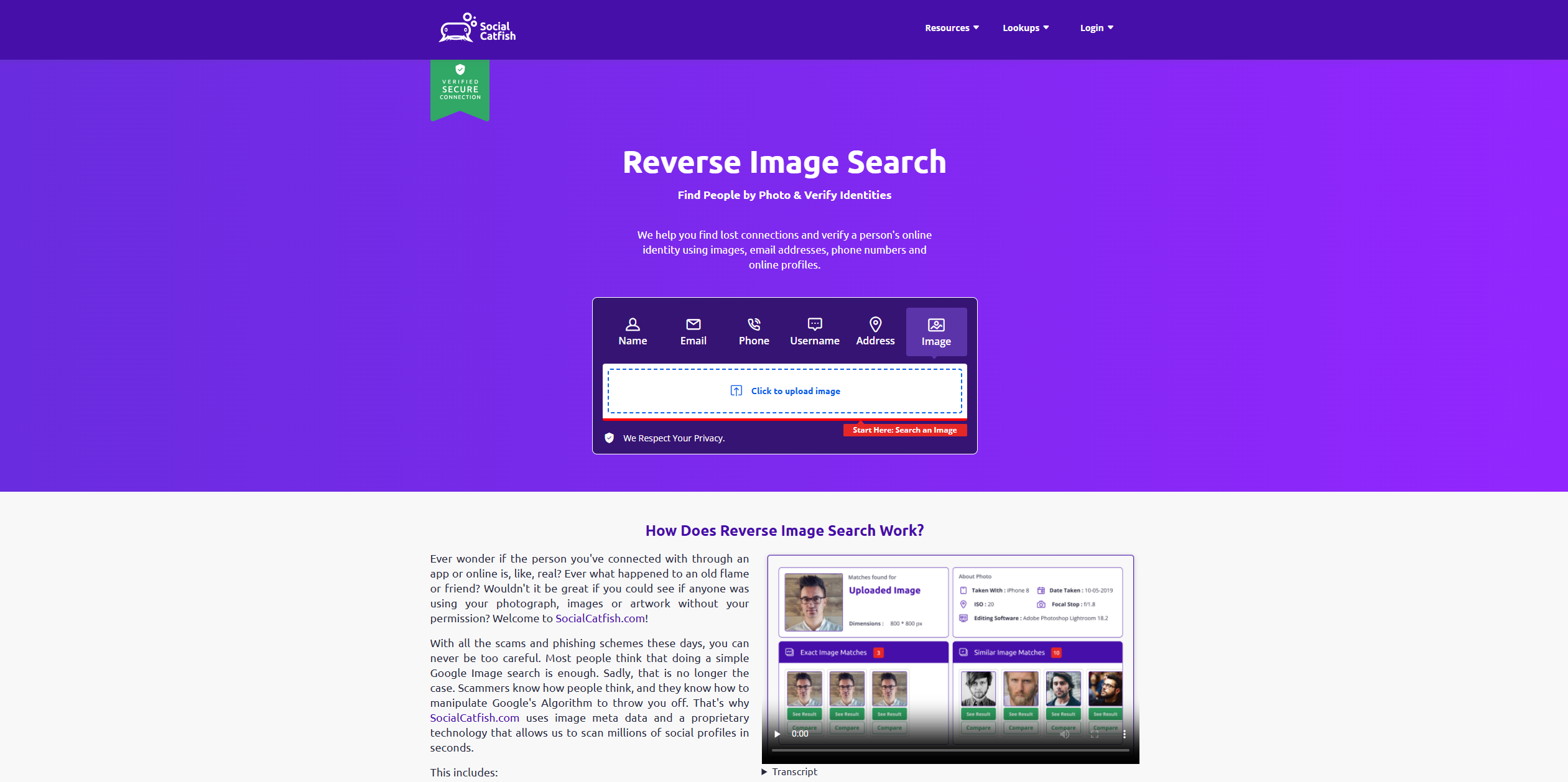 Social Catfish Reverse Image Search screenshot