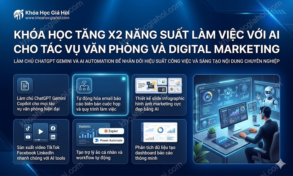 Khóa Học Tăng X2 Năng Suất Làm Việc Với AI Cho Tác Vụ Văn Phòng Và Digital Marketing