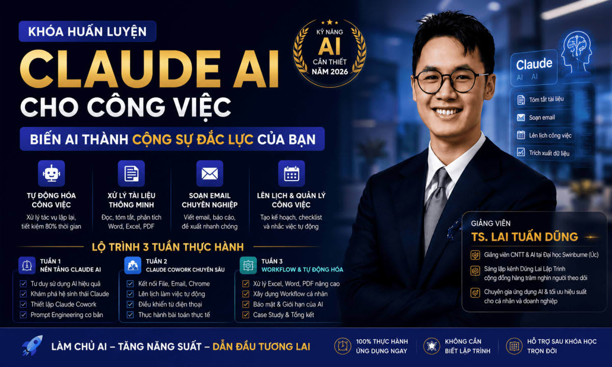 Khoá Claude AI Training TS. Lại Tuấn Dũng (Dũng Lại Lập Trình) – Huấn Luyện Claude AI Cho Công Việc