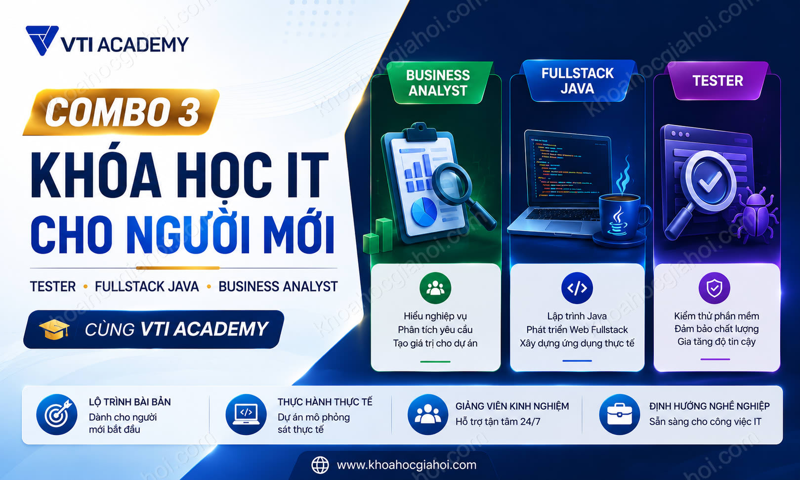 Combo 3 Khóa Học IT Cho Người Mới – Tester, Fullstack Java, Business Analyst Cùng VTI Academy