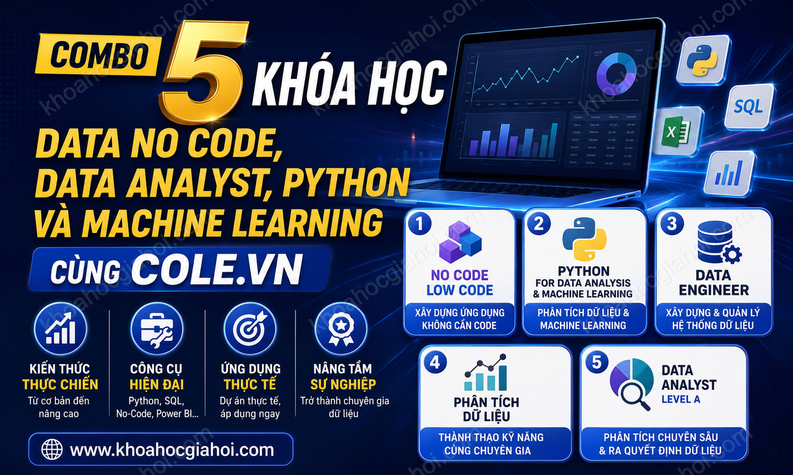 Combo 5 Khóa Học Data No Code, Data Analyst, Python & Machine Learning Cùng Cole.vn