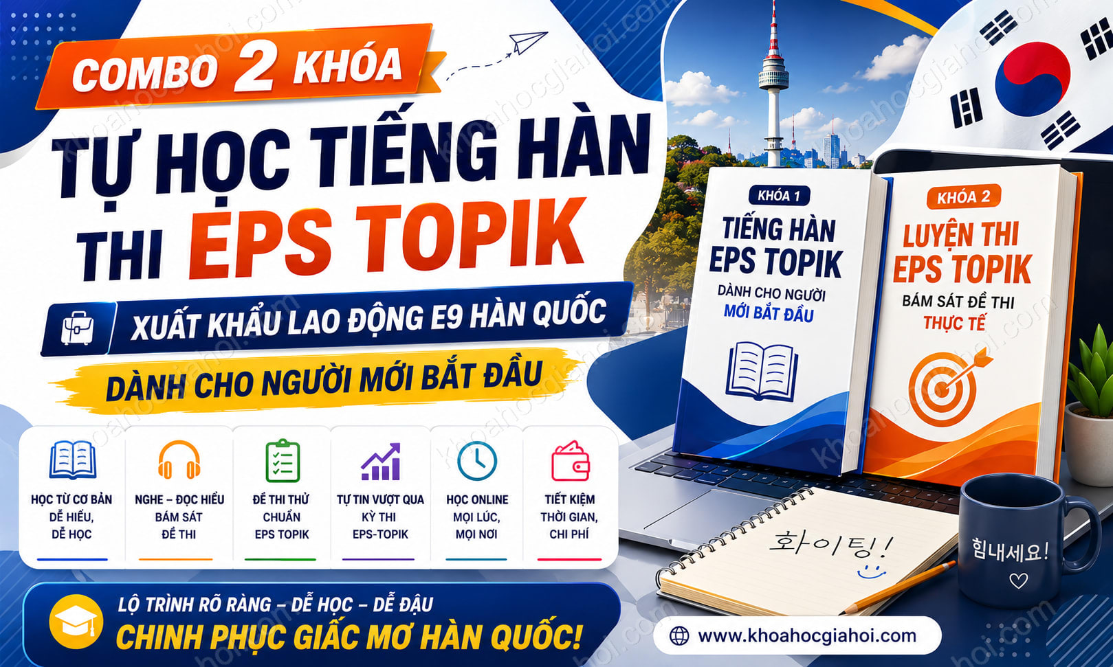 Combo 2 Khoá Tự Học Tiếng Hàn Thi Eps Topik Xuất Khẩu Lao Động E9 Hàn Quốc Dành Cho Người Mới Bắt Đầu