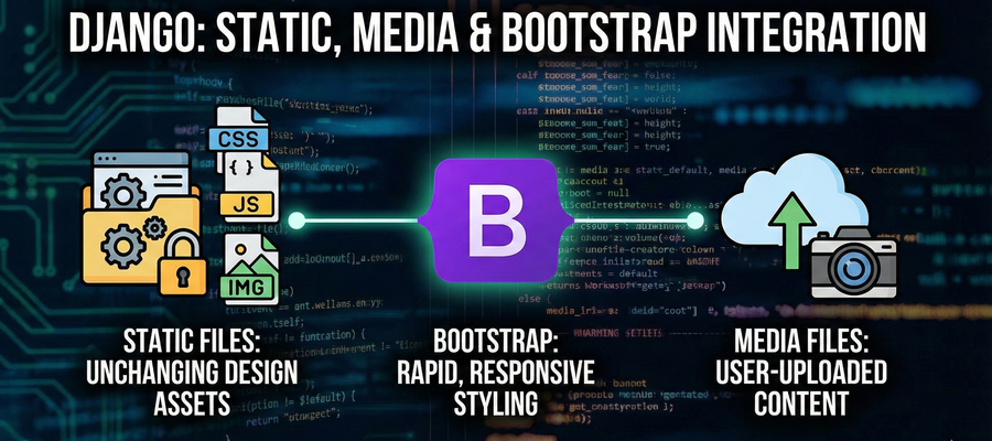Learn to configure Django static and media files correctly. This guide covers settings.py setup, image uploads, and styling your product list with Bootstrap 5.
