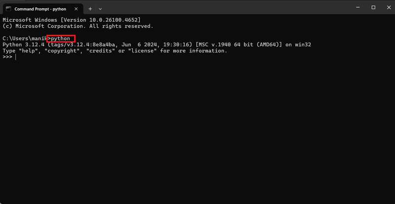 Python interpreter on cmd