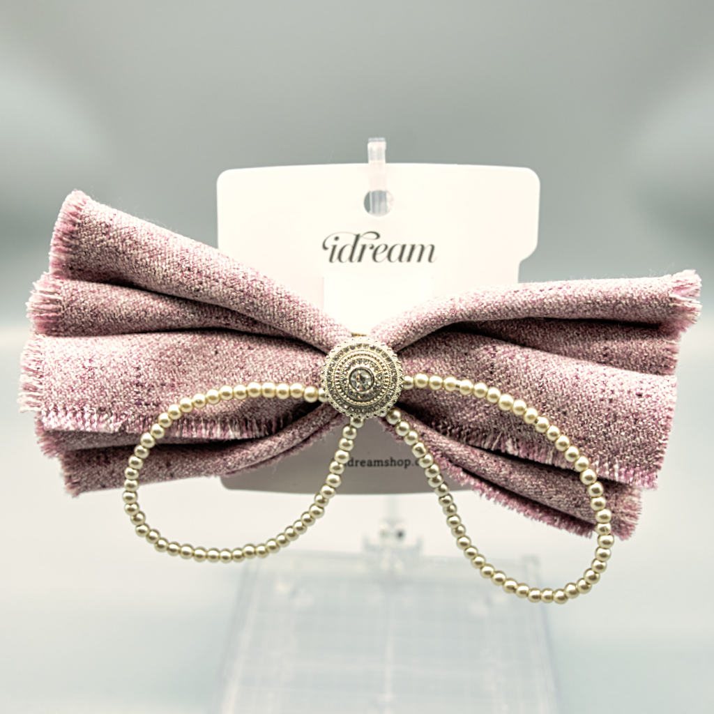 Velvet Bow Hair Clip with Pearl Chain