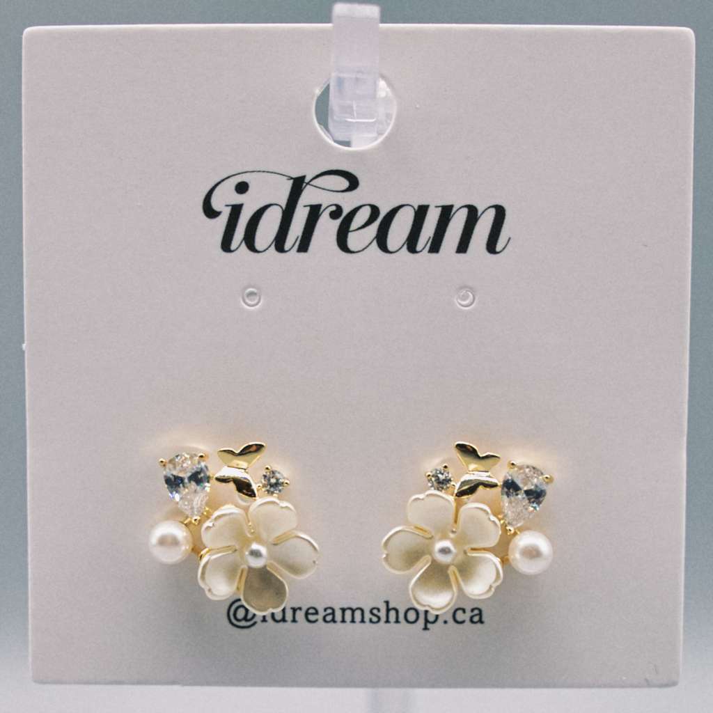 Enamel Flower Pearl Stud Earrings