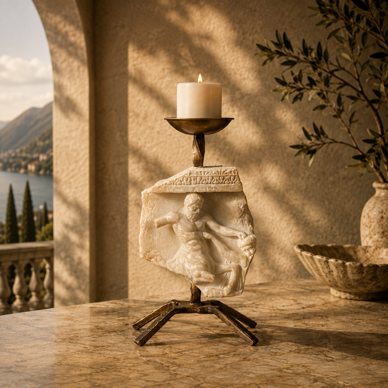 Stone Relief Pillar Candle Holder