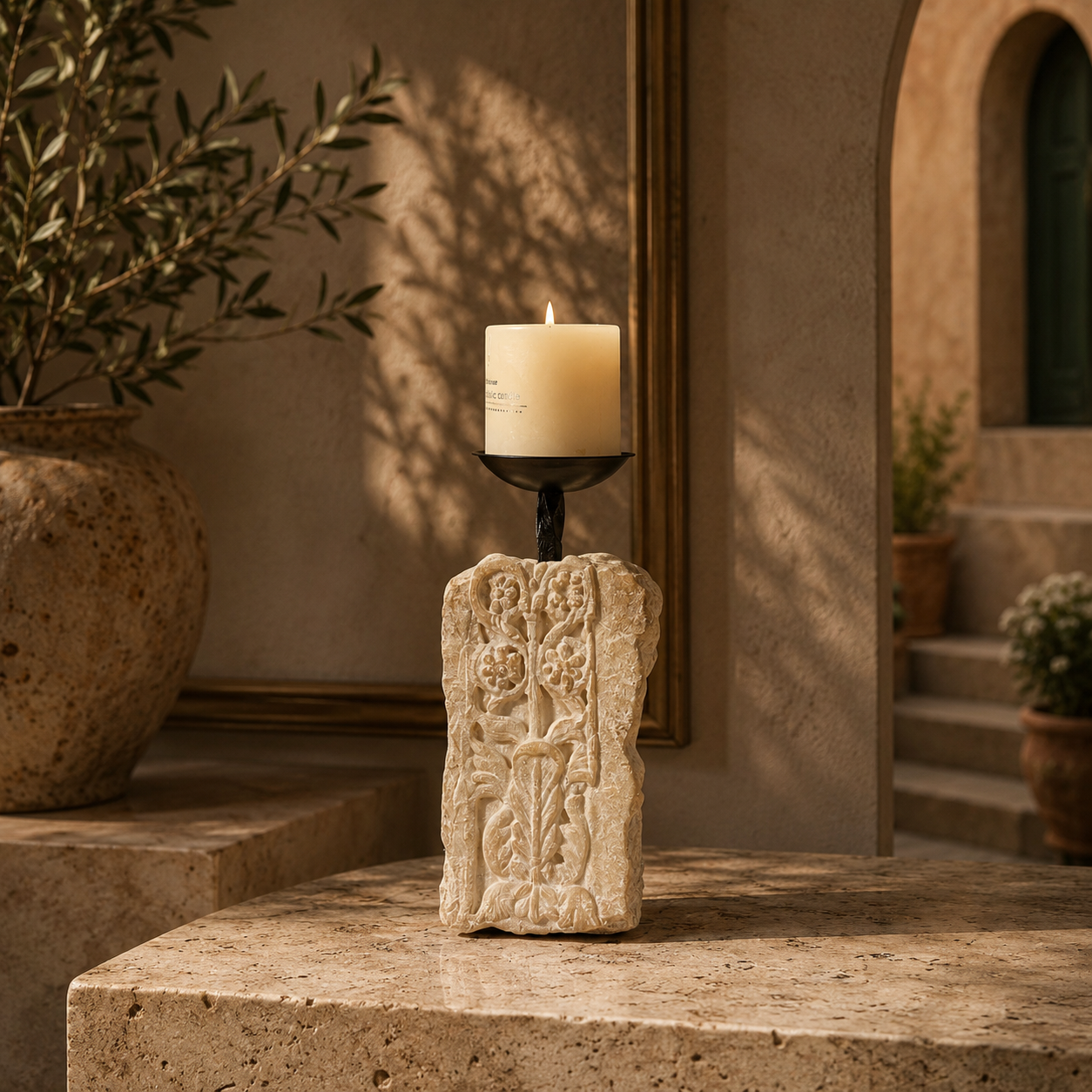 Carved Floral Stone Candle Holder