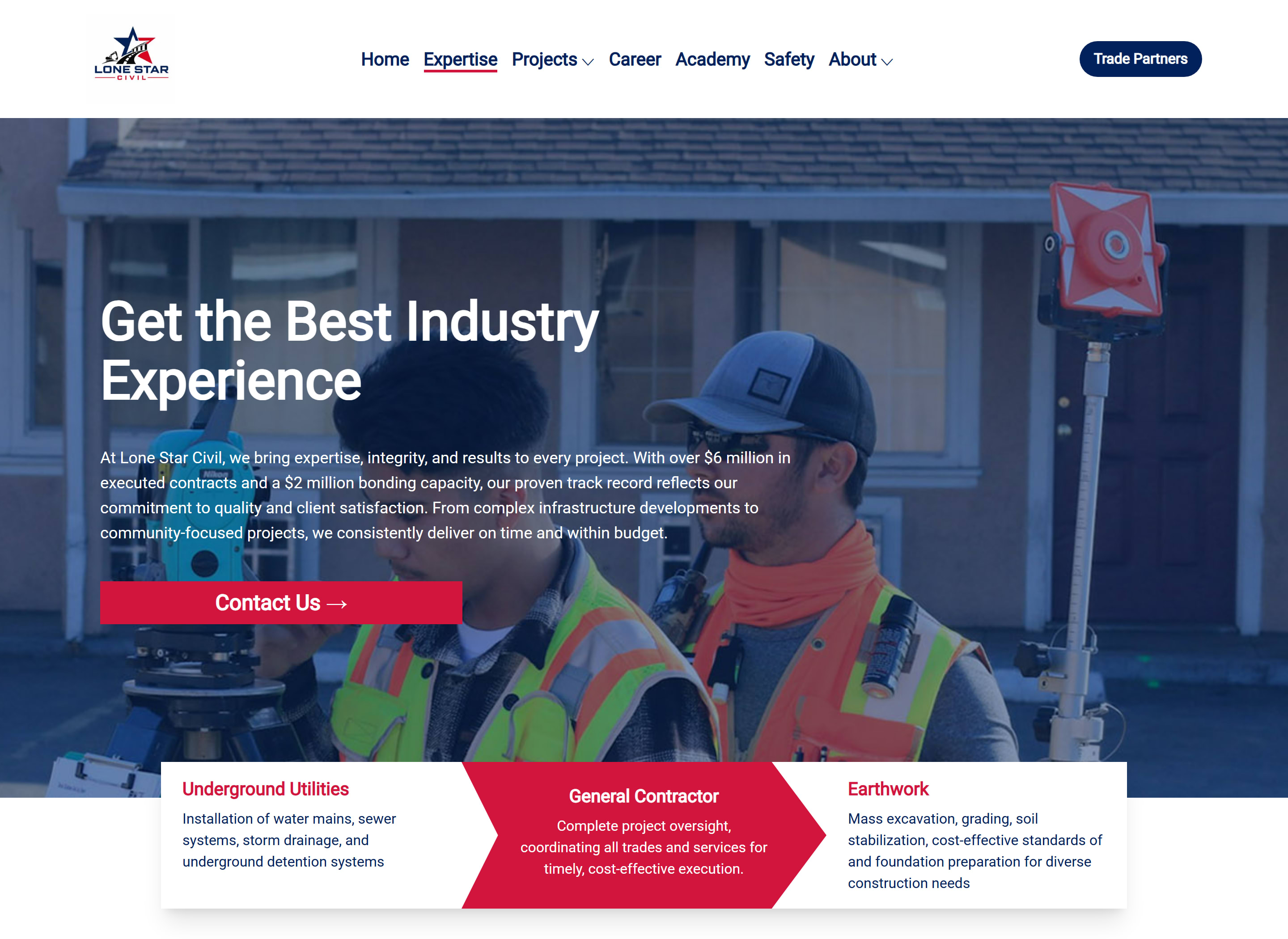 The expertise page: a banner photo of two surveyors with the headline Get the Best Industry Experience and a Contact Us button, over three panels named Underground Utilities, General Contractor and Earthwork.