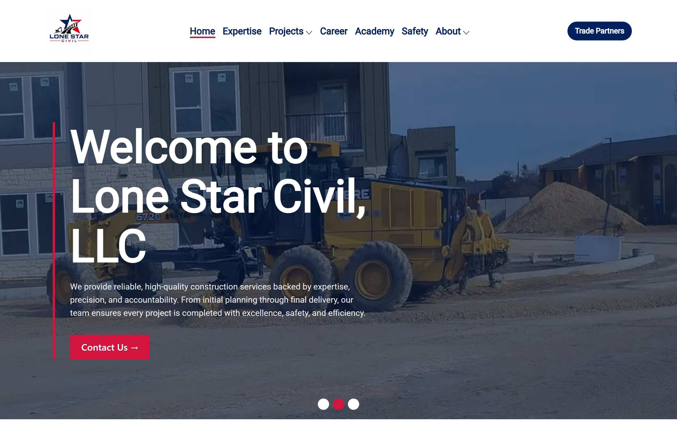 The Lone Star Civil home page on a desktop screen: the company name in large white type over a photo of a road grader on a building site, with a red Contact Us button.