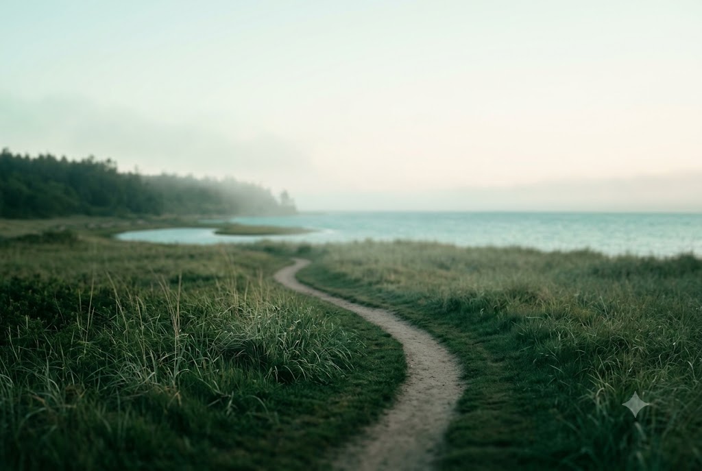 A winding path curving toward calm water at dawn