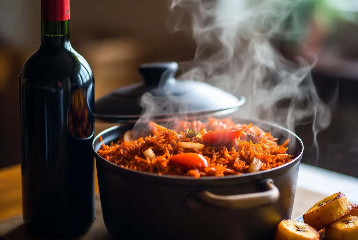 Bottle of red wine next to a steaming pot of Nigerian jollof rice with fried plantain on the side