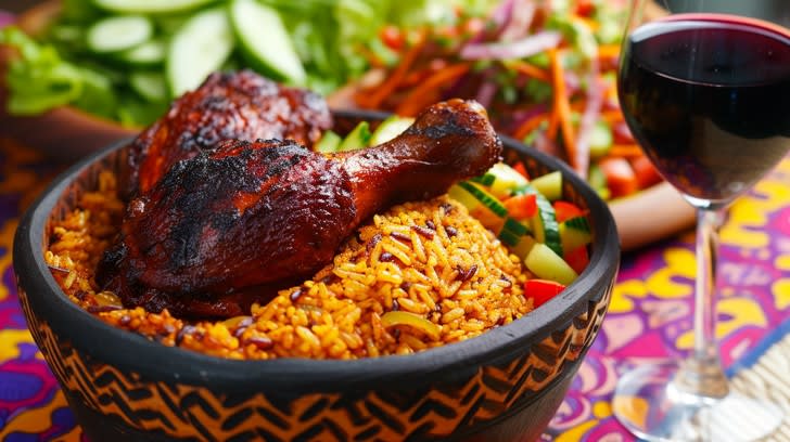A glass of red wine beside a plate of Nigerian jollof rice and suya on a wooden table