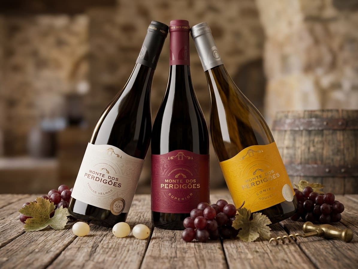 Elegant selection of Monte dos Perdigões red and white wine bottles arranged on a rustic wooden table