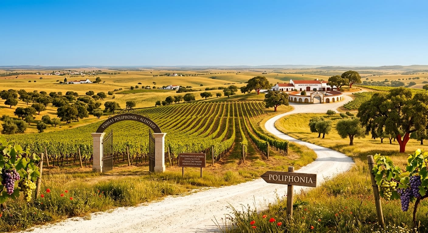 Sun-drenched Alentejo vineyard in Portugal with rows of vines and clear blue sky