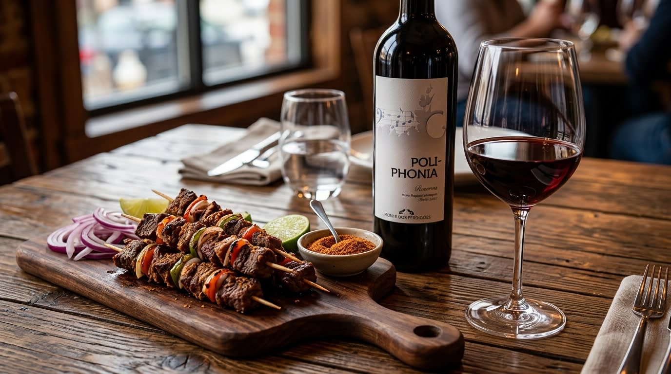 Glass of deep ruby Poliphonia red wine alongside Nigerian suya skewers and a wooden board