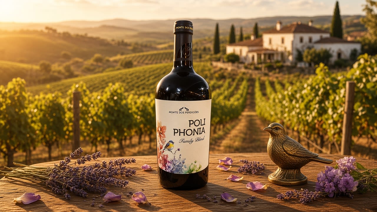 Bottle of Poliphonia Reserve Vinho Tinto on a rustic wooden table with a glass of deep ruby red wine