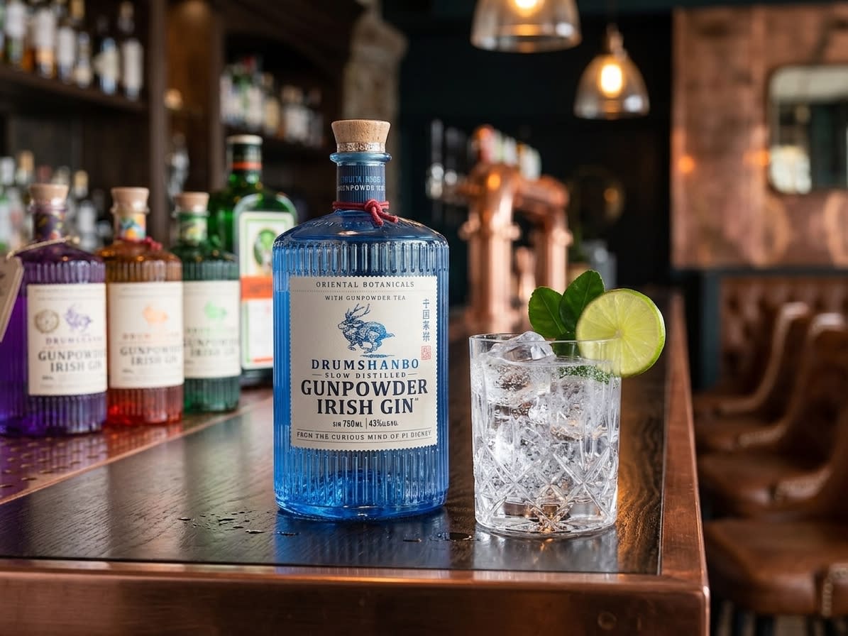 Drumshanbo Gunpowder Irish Gin bottle beside a cocktail glass with ice and lime garnish on a bar counter