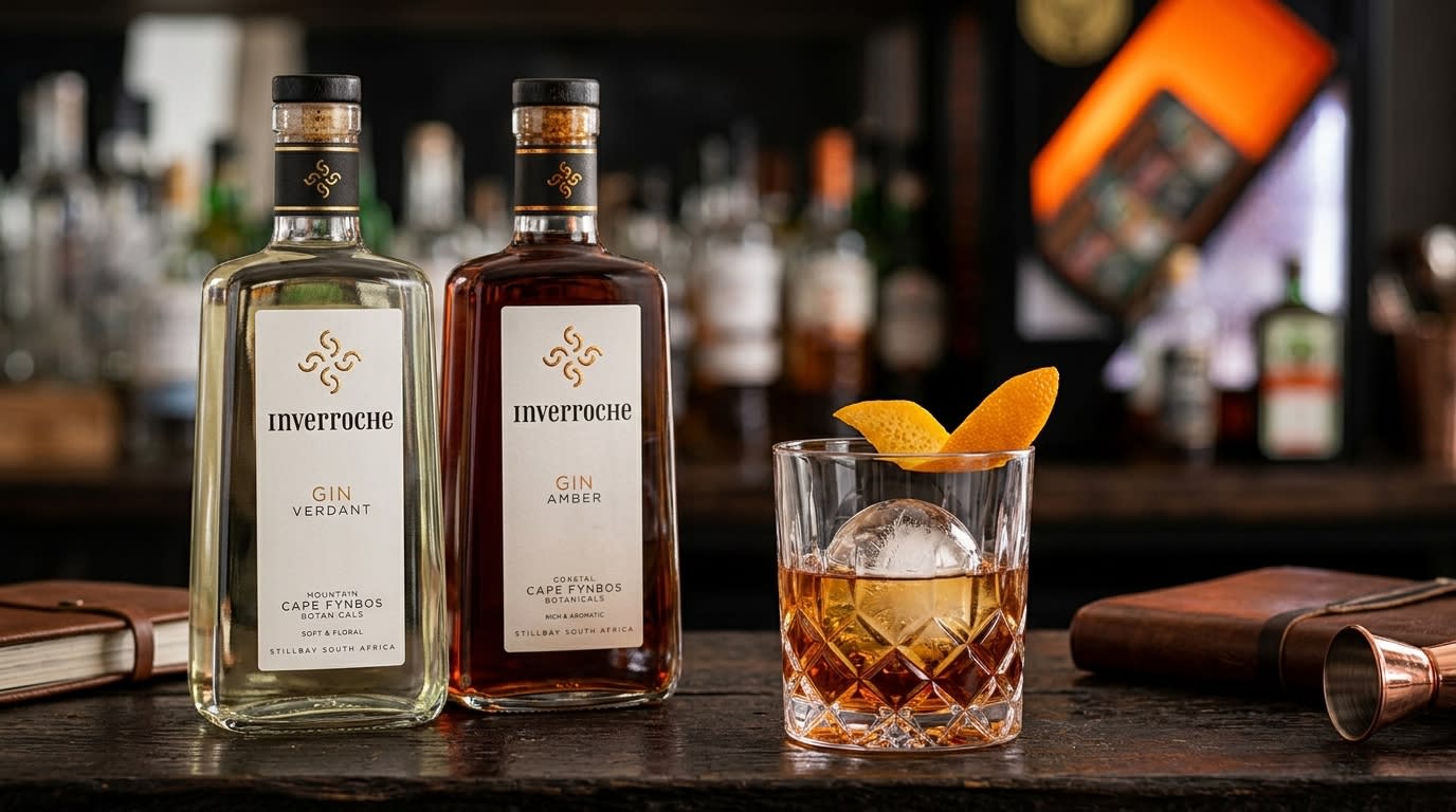 Inverroche Amber Gin in a rocks glass with a large ice cube and orange peel garnish on a dark wooden surface