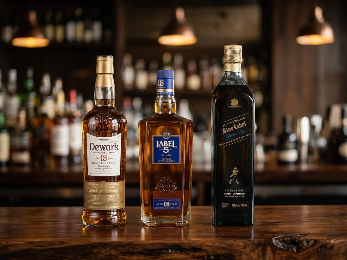 Three blended Scotch whisky bottles lined up on a dark wooden bar top