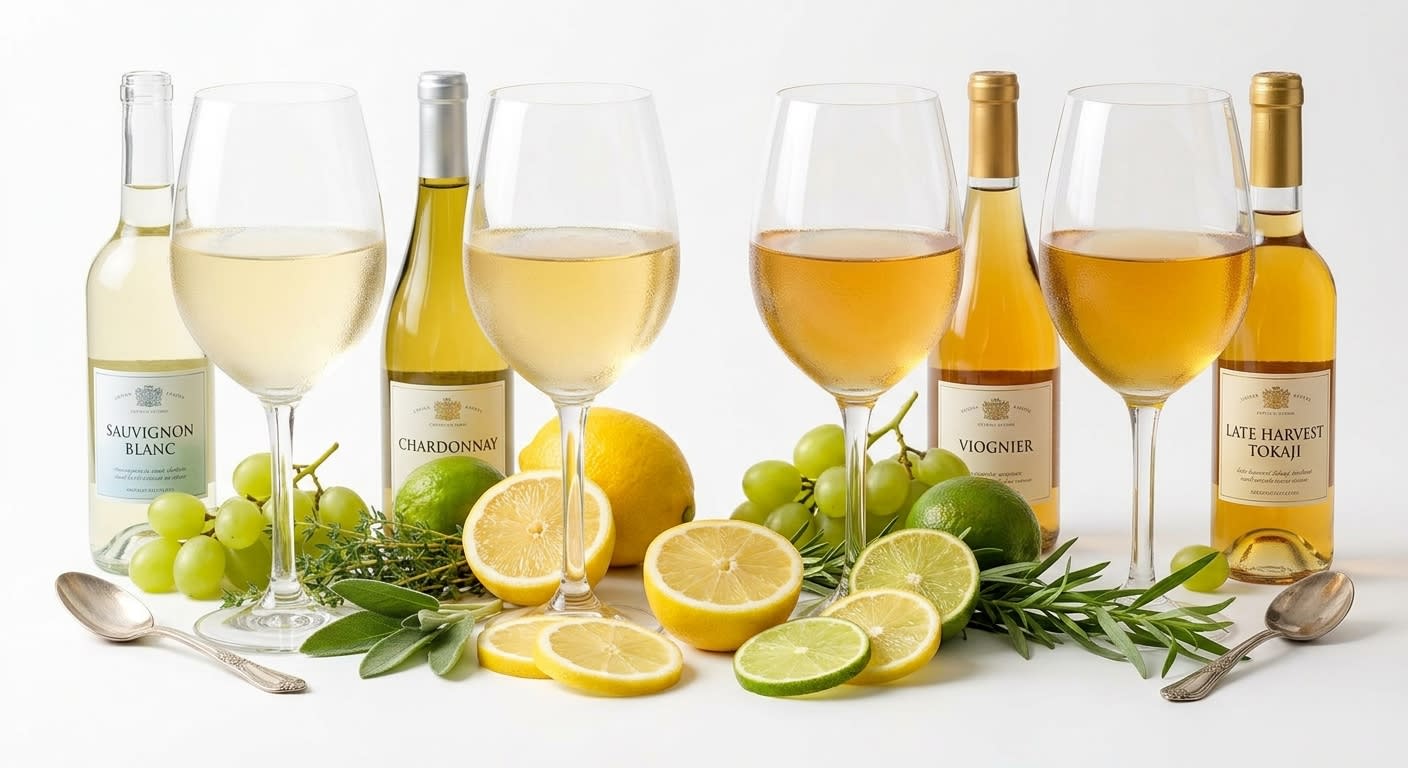 Side-by-side wine glasses showing white wines of varying shades from pale straw to deep gold