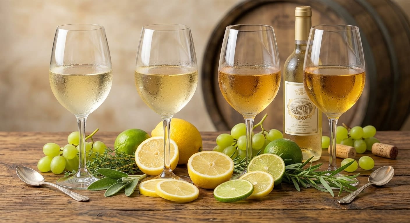 Assorted chilled white wine glasses on a wooden table with grapes and a wine bottle