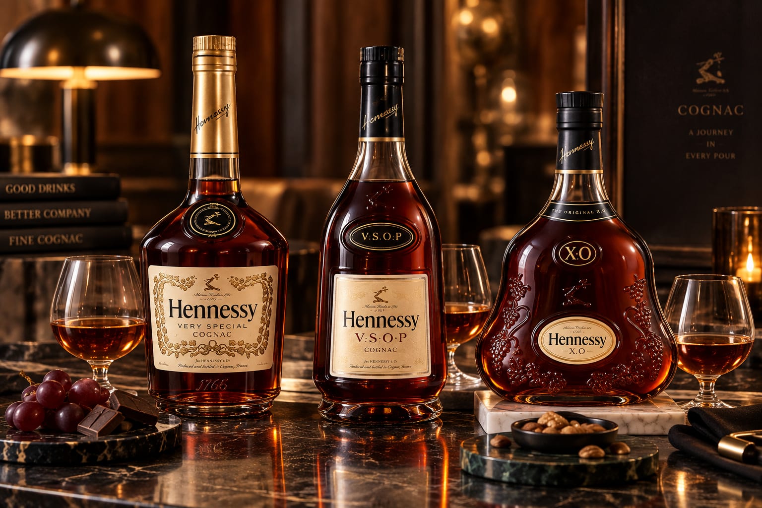 Cognac grade lineup — VS, VSOP and XO bottles arranged side by side on a tasting table