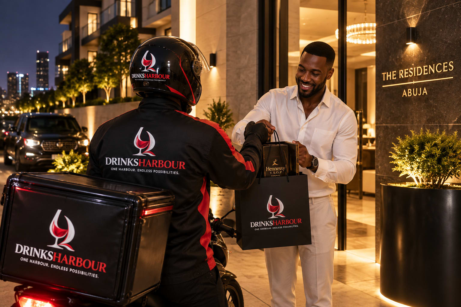 DrinksHarbour delivery rider with cognac order outside a luxury Abuja apartment building
