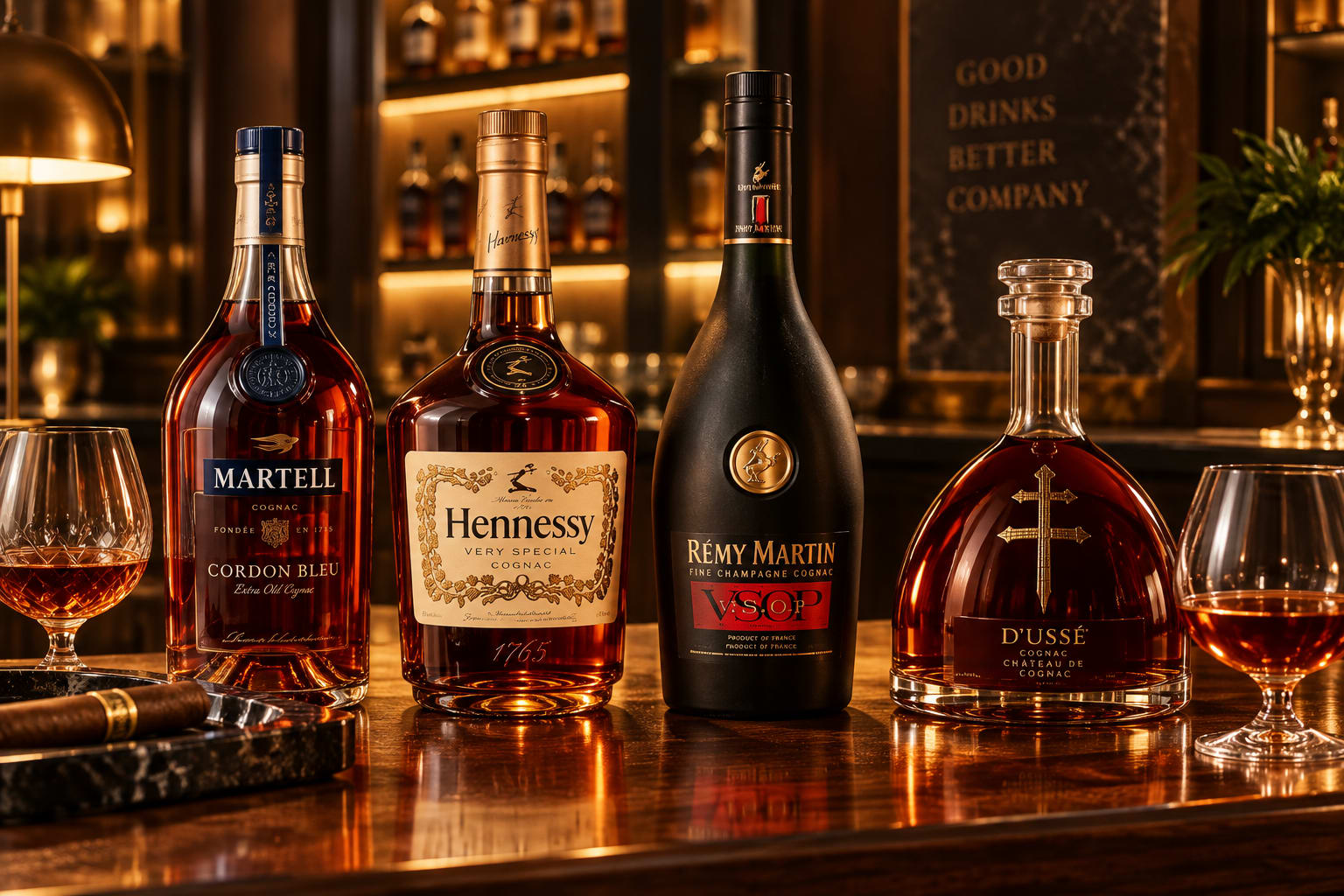 Bottles of premium cognac on a wooden bar counter with warm ambient lighting