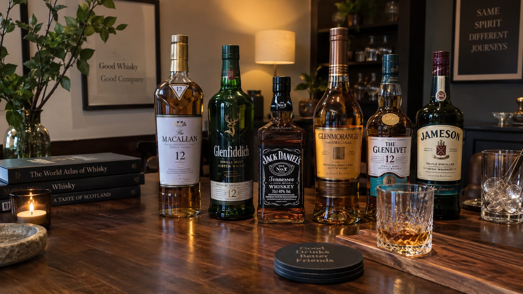 Assorted premium whisky bottles arranged on a dark wooden bar counter with warm lighting