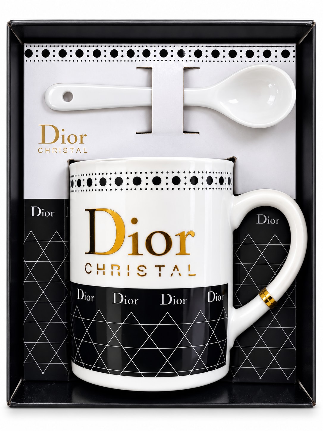 Dior-Inspired Ceramic Mug & Spoon Gift Set – Black & Gold