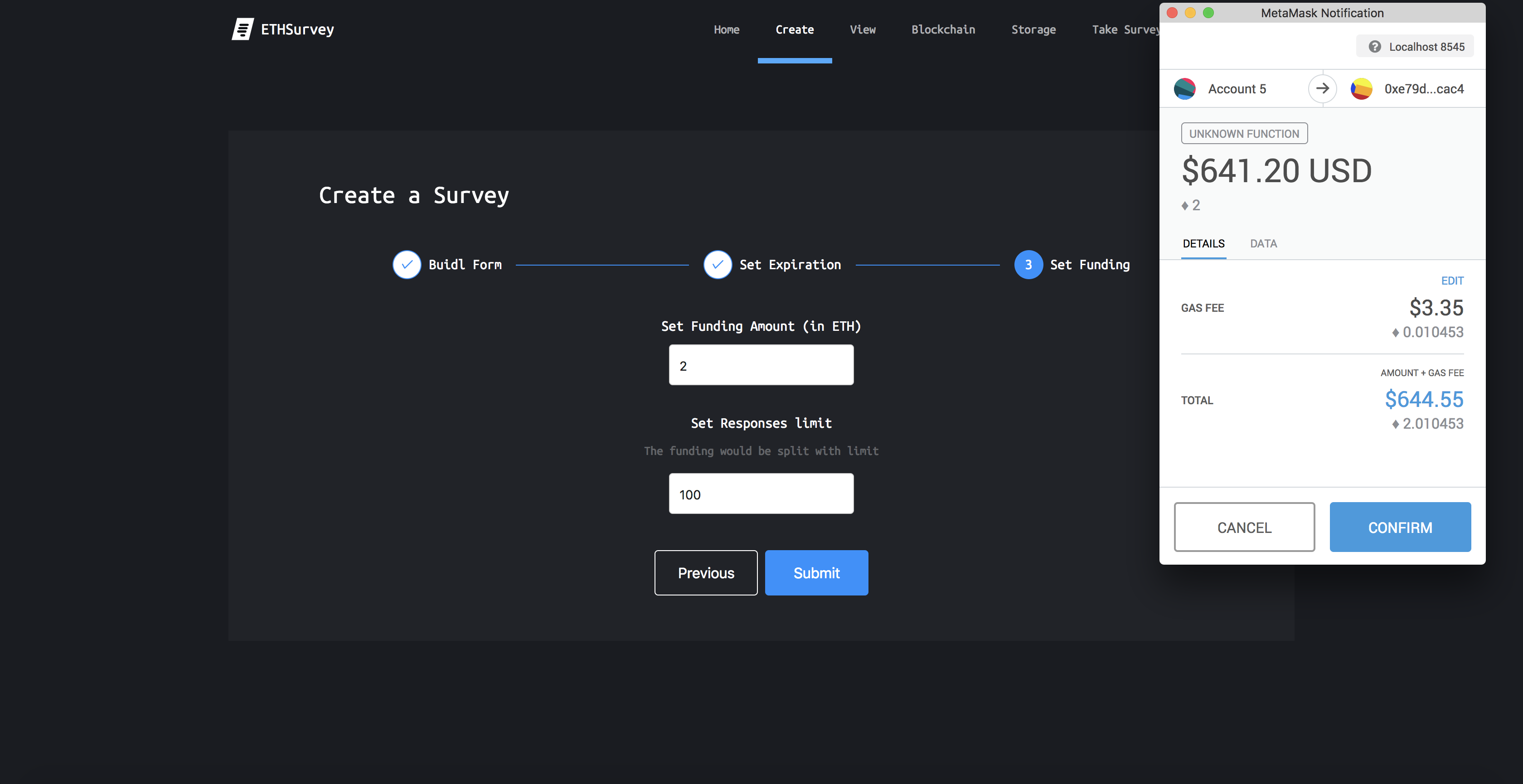 Setting funding and submiting the Survey transaction to the blockchain