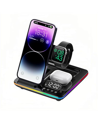 Home Wireless Charger 5-in-1 with Digital Clock & 2-Level LED Night Light | 15W Max Fast Charging Station - Main View
