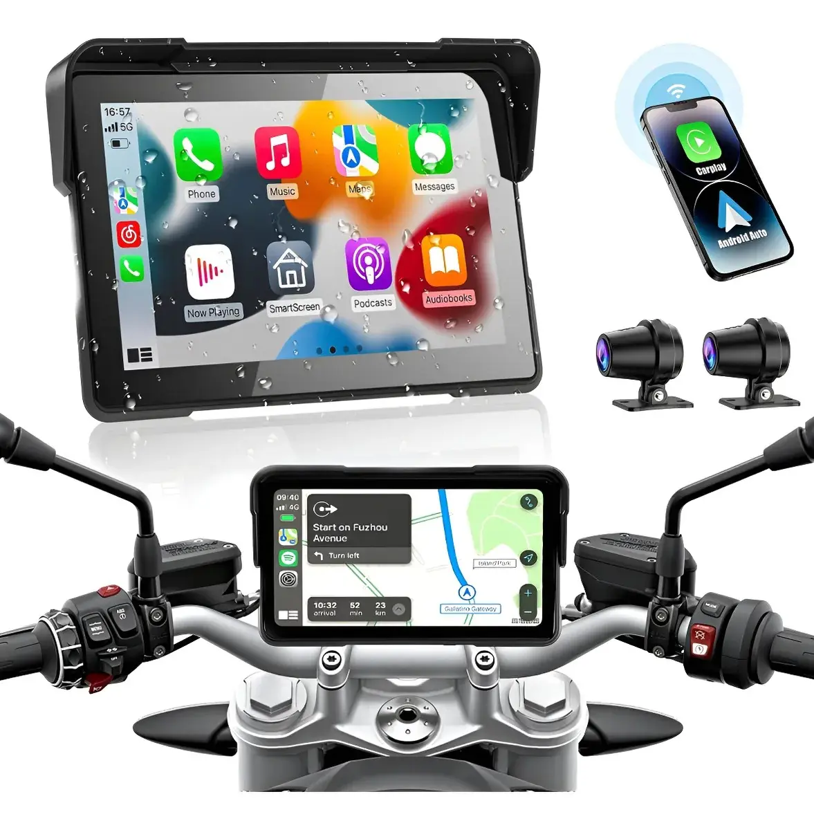 Tela De Navegacao Moto 7 Carplay Tela Ips Com Camera Dupla IP67 A Prova Dagua