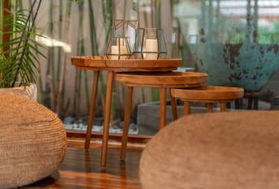 Detail of hand-crafted timber furniture in the living zone