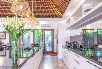 Modern kitchen cabinetry and designer pendant lighting
