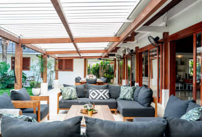View from the dining table out towards the private swimming pool