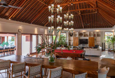 View of the sunken lounge area with luxury grey upholstery