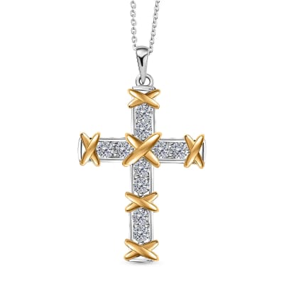 Sterling Silver 925 Cross Pendant Gold Plated CZ Necklace "Belle"