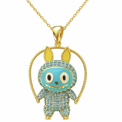 Gold Plated Sterling Silver 925 Labubu CZ Necklace Pendant "Cyan"