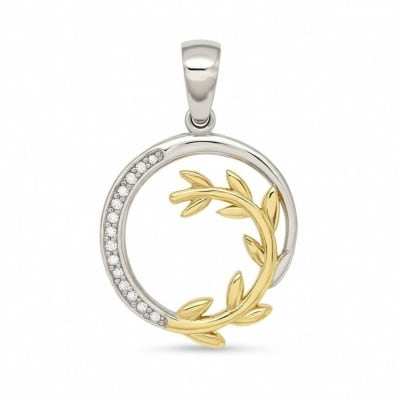 Sterling Silver 925 Gold Plated Olive Branch CZ Pendant "Olea"