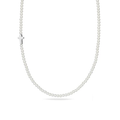 Sterling Silver 925 Pearl Beaded Cross Necklace "Ivory"