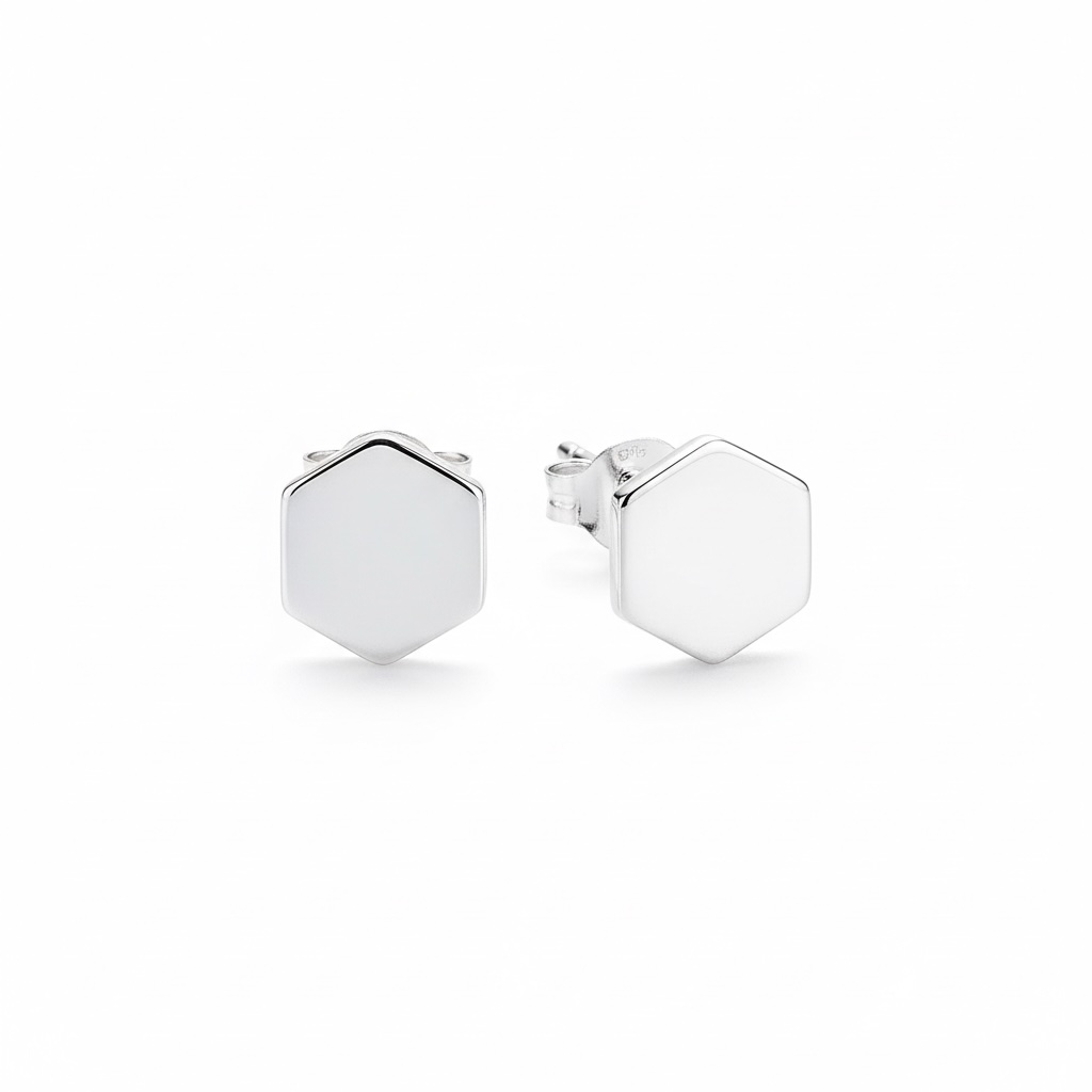 Sterling Silver 925 Hexagon Stud Earrings "Nexus" - Silver Image 1