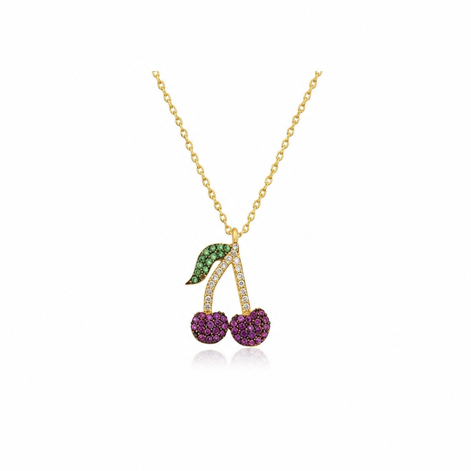 Sterling Silver 925 Yellow Gold Plated Cherry Necklace CZ Pendant “Cerise”