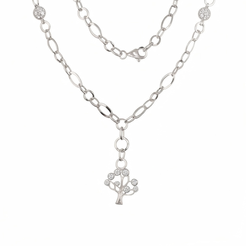 Sterling Silver 925 Tree of Life CZ Chain Necklace "Arbor" - Silver Image 1