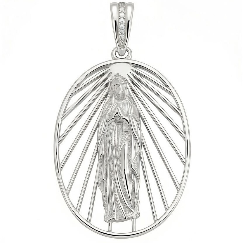 Sterling Silver 925 Virgin Mary CZ Pendant "Lourdes" - Silver Image 1